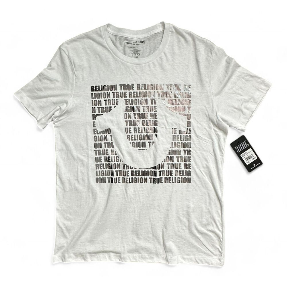 NWT True Religion Brand Script All Over Silver Foil Graphic White Shirt Size L